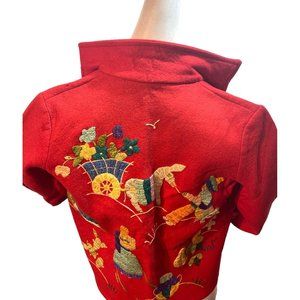 Vintage Handmade Embroidered Sweater Jacket Village Farmer Setting OOAK